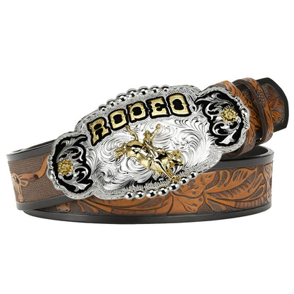 Rodeo Champion Bull Rider Belt Buckle with Cowboy Leather Belt
