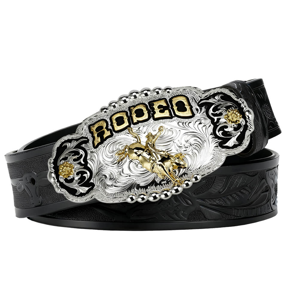 Rodeo Champion Bull Rider Belt Buckle with Cowboy Leather Belt