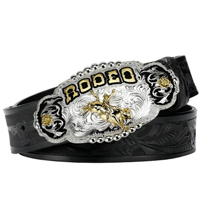 Rodeo Champion Bull Rider Belt Buckle with Cowboy Leather Belt