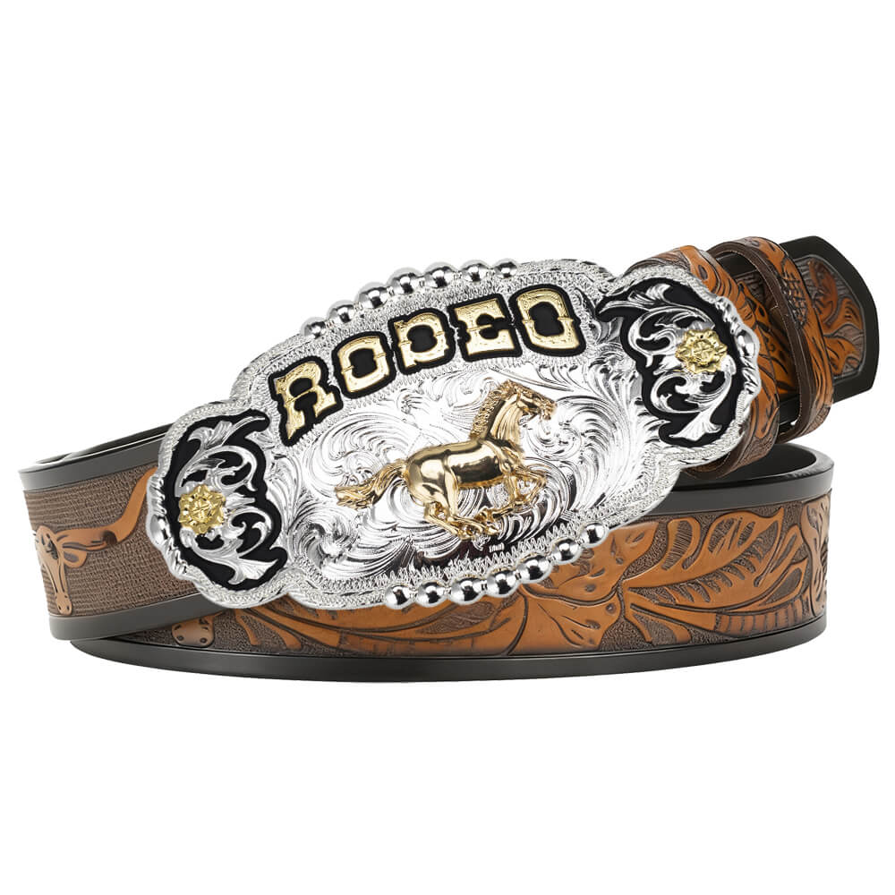Rodeo Champion Bull Rider Belt Buckle with Cowboy Leather Belt