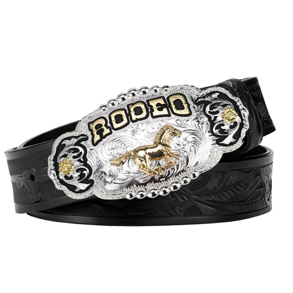 Rodeo Champion Bull Rider Belt Buckle with Cowboy Leather Belt