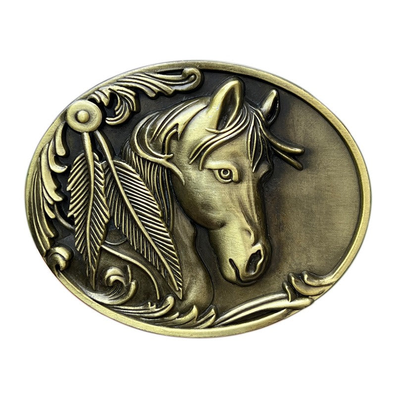 Vintage style belt buckle with horse head pattern, western style