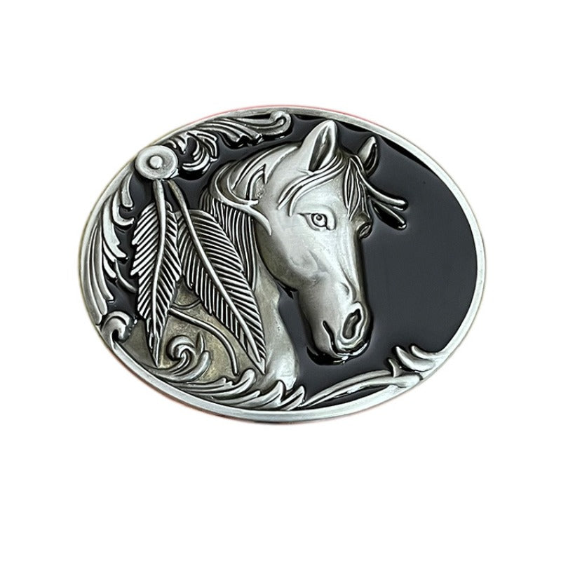 Vintage style belt buckle with horse head pattern, western style