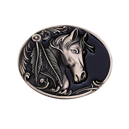 Vintage style belt buckle with horse head pattern, western style