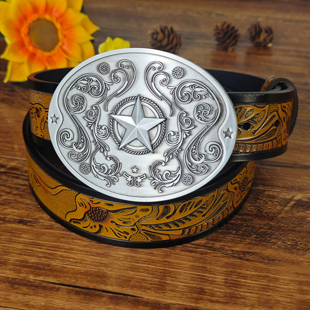 Western leather belt with novelty beer buckle