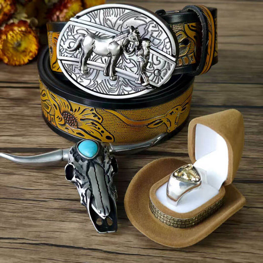 Western Cowboy Accessories Set – Leather Belt, Bull Skull Necklace & Bull Ring