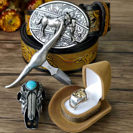 Western Cowboy Accessories Set – Leather Belt, Bull Skull Necklace & Bull Ring