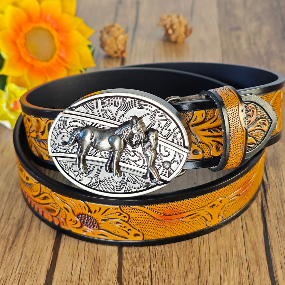 Western Cowboy Accessories Set – Leather Belt, Bull Skull Necklace & Bull Ring