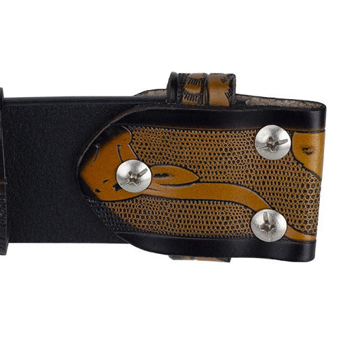 Western-style leather belt with carved animal patterns