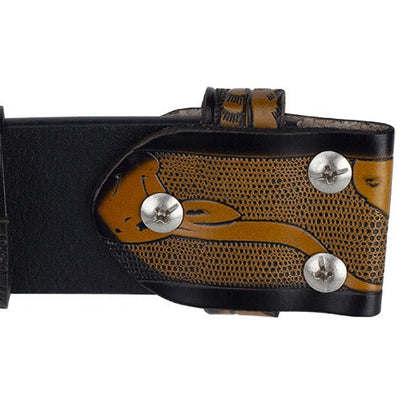 Western-style leather belt with carved animal patterns