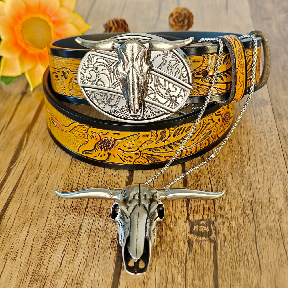 Western belt and bull skull necklace with hidden practical functions
