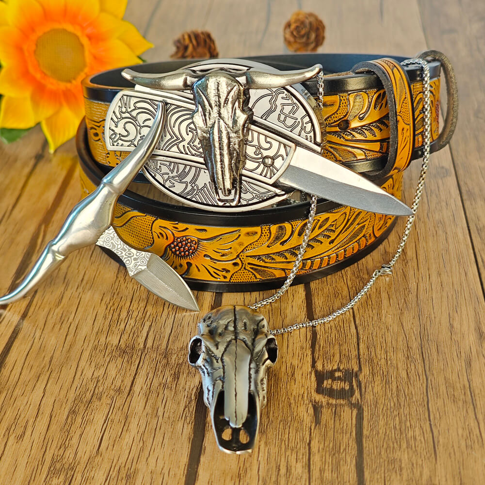 Western belt and bull skull necklace with hidden practical functions