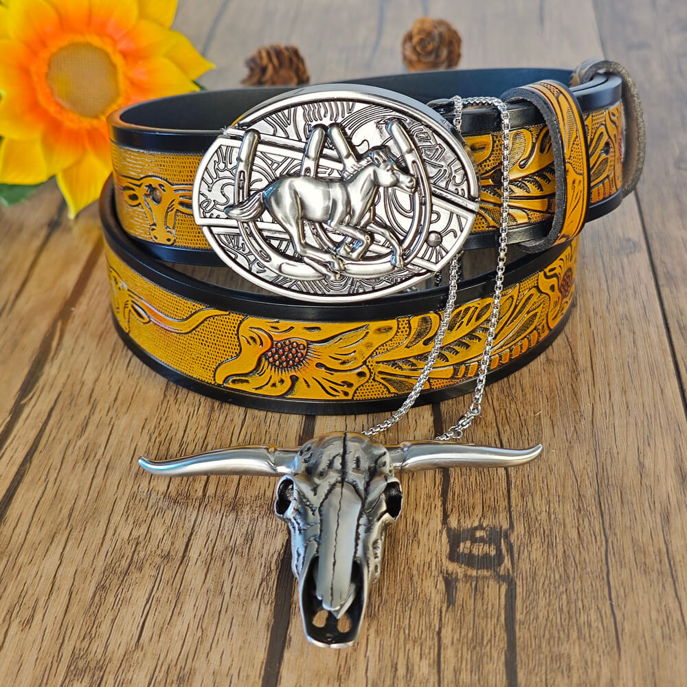 Western belt and bull skull necklace with hidden practical functions