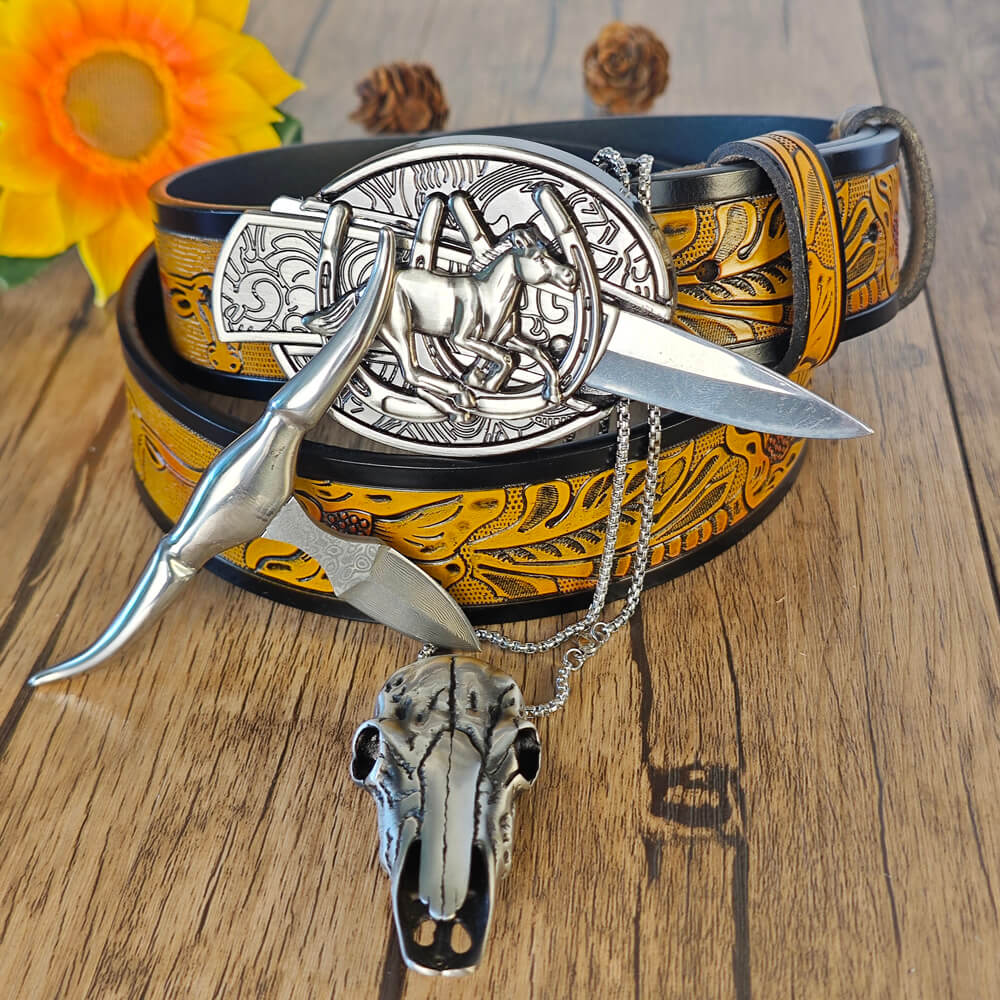 Western belt and bull skull necklace with hidden practical functions