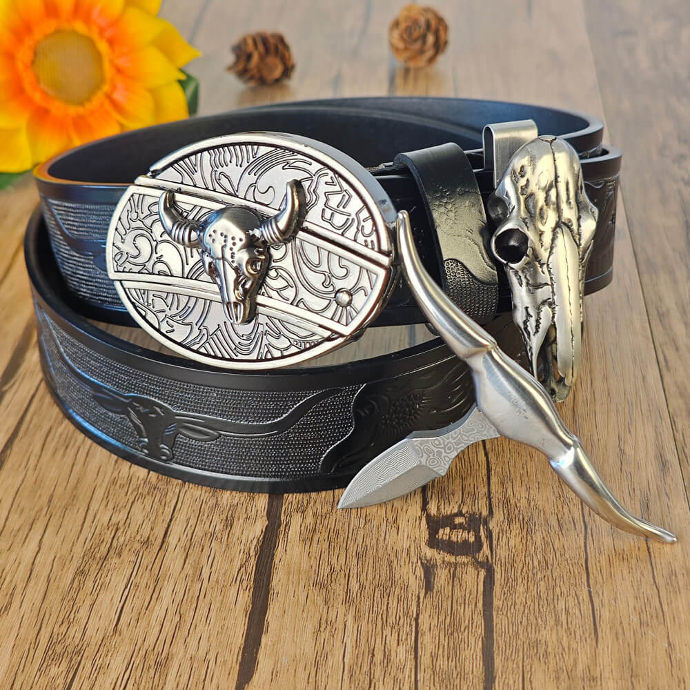 A black western belt and cow skull necklace with hidden practical functions
