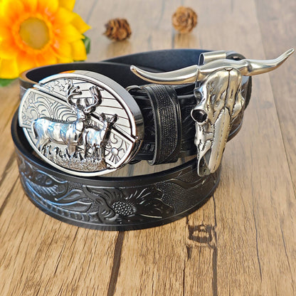A black western belt and cow skull necklace with hidden practical functions
