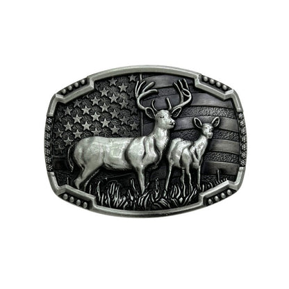 Western-style belt buckle featuring two deer in classic outdoor design