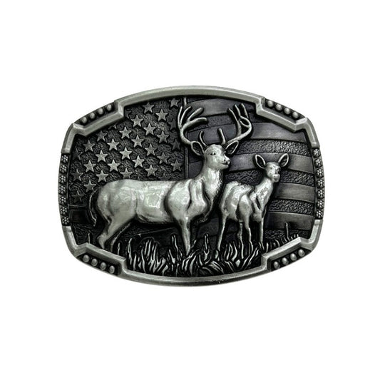 Western-style belt buckle featuring two deer in classic outdoor design