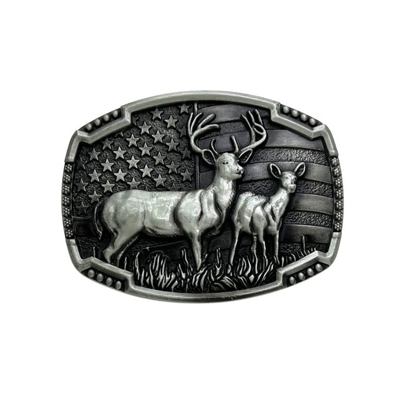 Western-style belt buckle featuring two deer in classic outdoor design