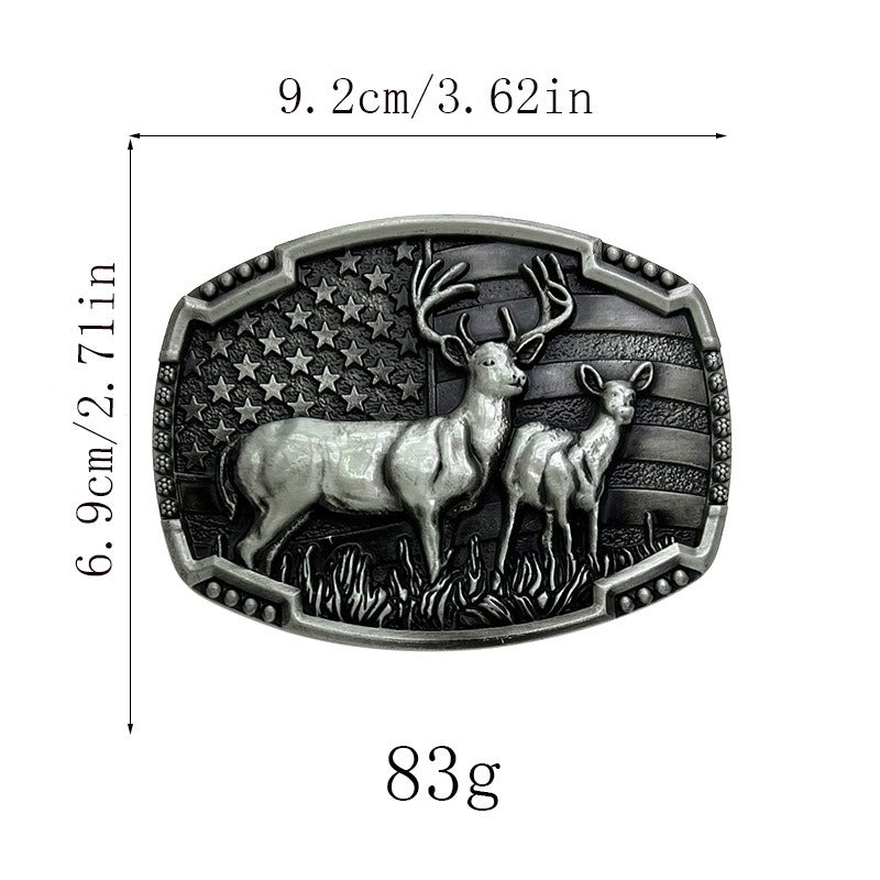 Western-style belt buckle featuring two deer in classic outdoor design