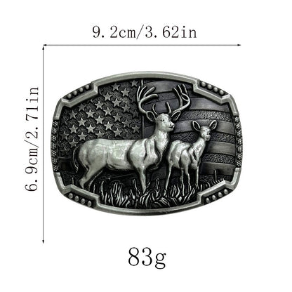 Western-style belt buckle featuring two deer in classic outdoor design