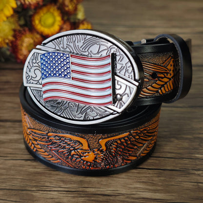 Western Leather Belt with Hidden Buckle & Eagle Necklace Set