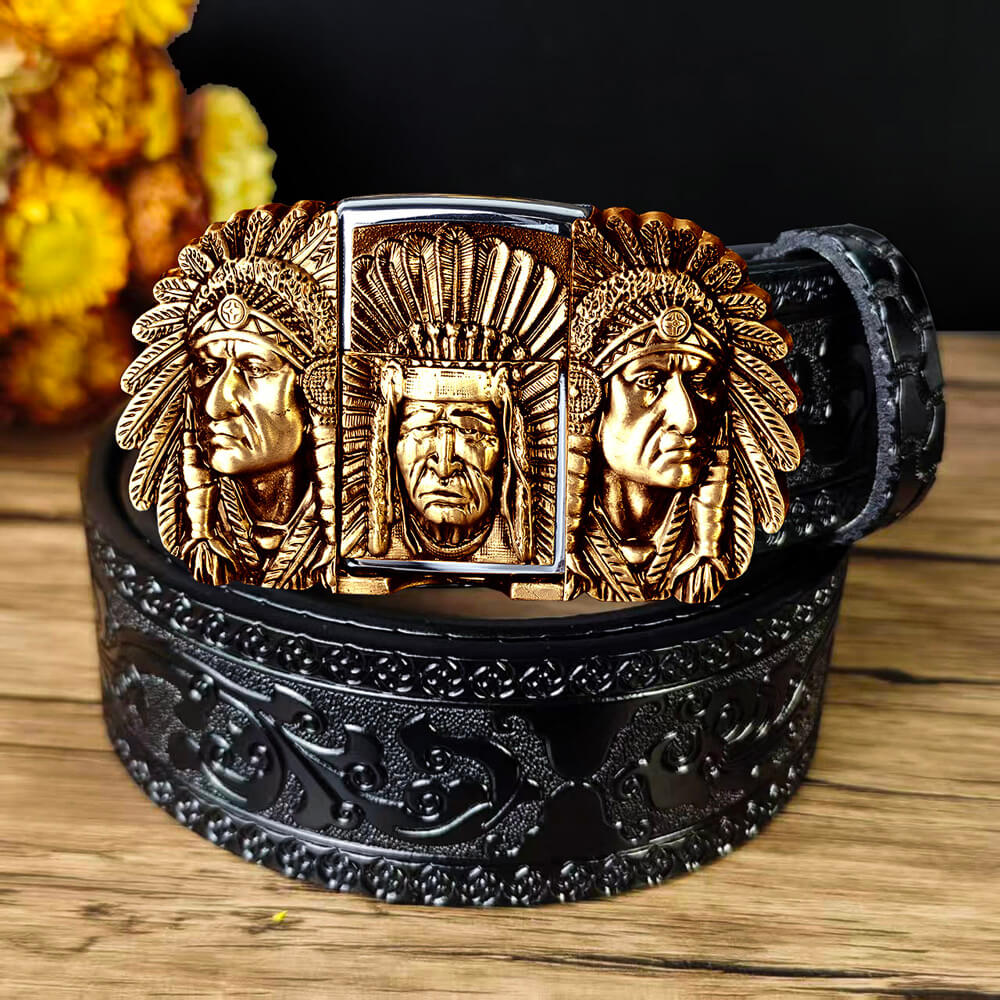 Western Embossed Leather Belt & Lighter Buckle