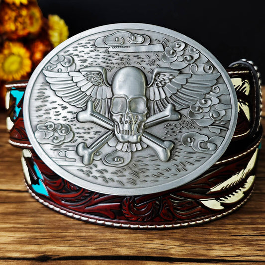 Western Feather Belt with Skull Beer Holder Buckle