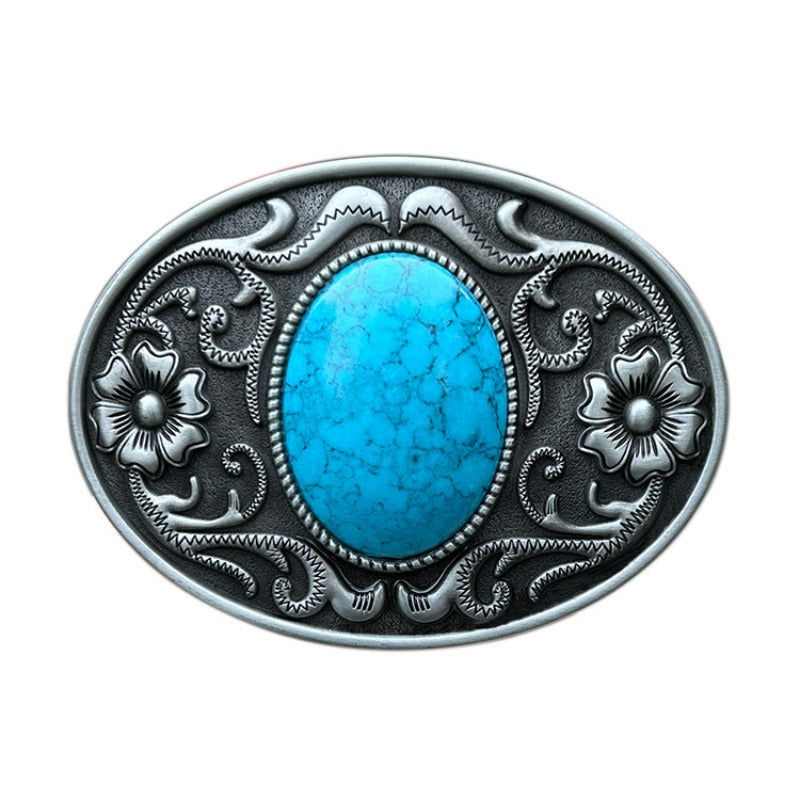 Engraved belt buckle with turquoise inlay, western style