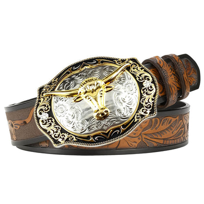 Western cowboy style longhorn leather belt