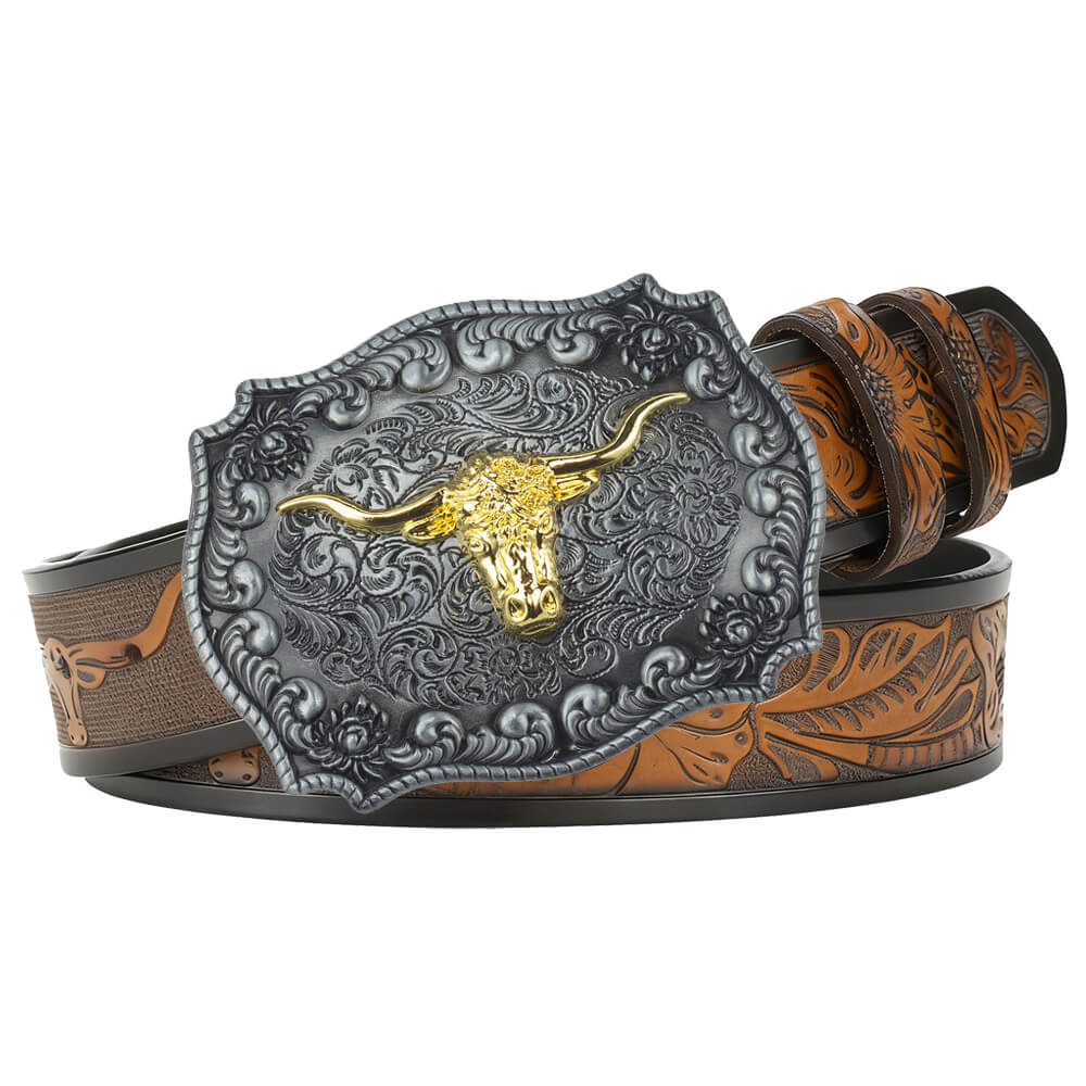 Western cowboy style longhorn leather belt