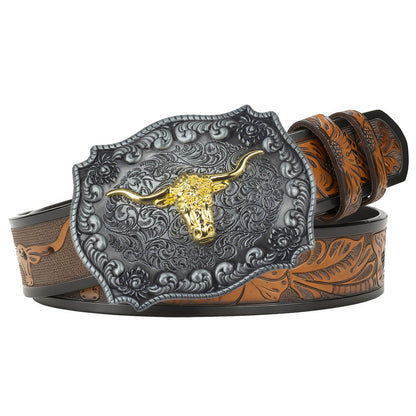 Western cowboy style longhorn leather belt