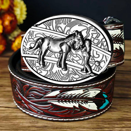Western Feather Embossed EDC Belt with Multi-Function Buckle