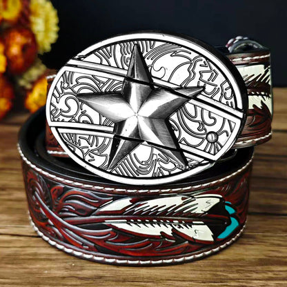 Western Feather Embossed EDC Belt with Multi-Function Buckle