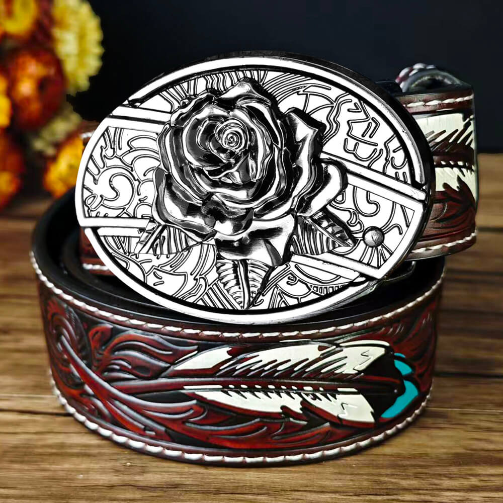 Western Feather Embossed EDC Belt with Multi-Function Buckle
