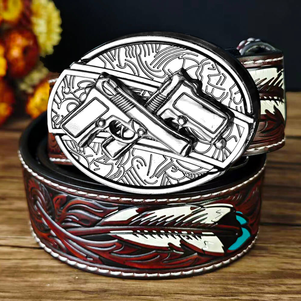 Western Feather Embossed EDC Belt with Multi-Function Buckle