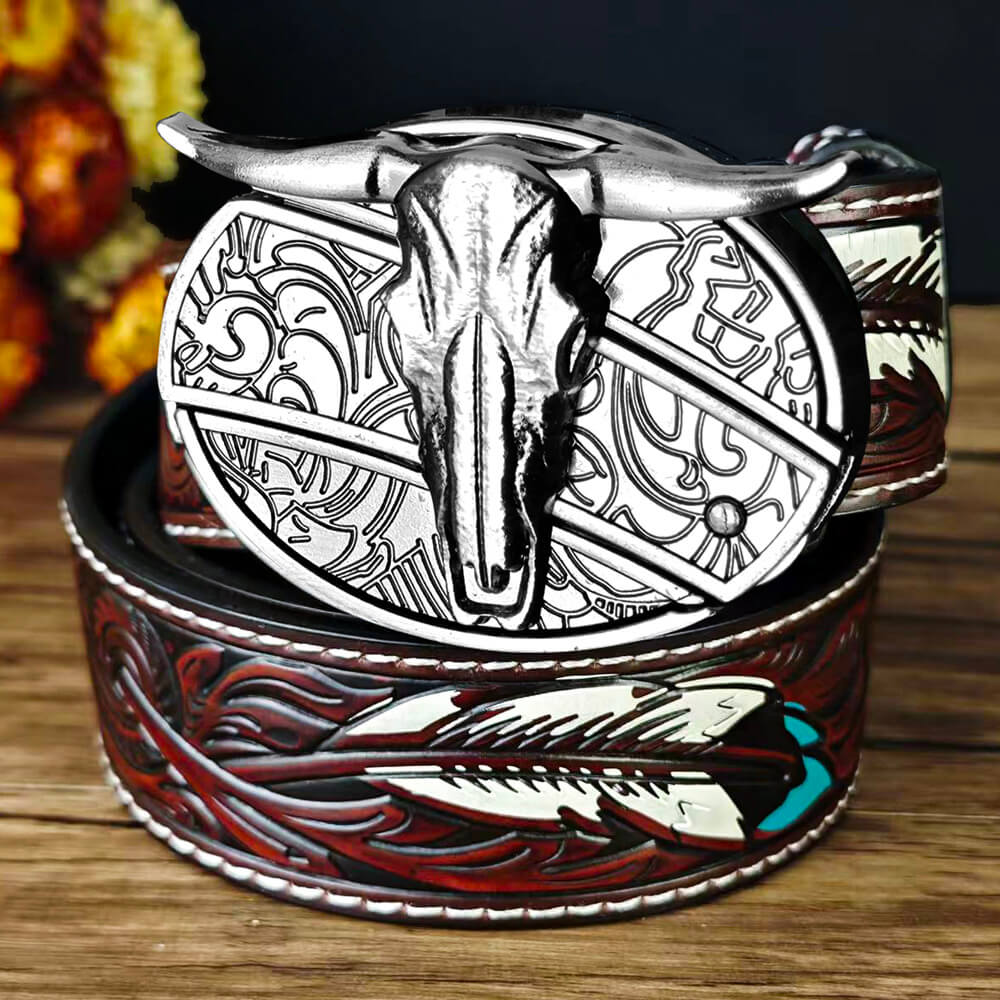 Western Feather Embossed EDC Belt with Multi-Function Buckle