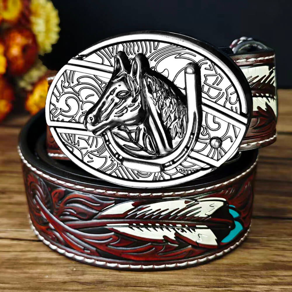 Western Feather Embossed EDC Belt with Multi-Function Buckle