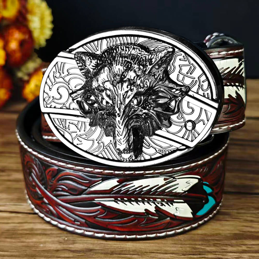 Western Feather Embossed EDC Belt with Multi-Function Buckle