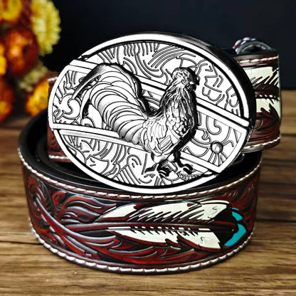 Western Feather Embossed EDC Belt with Multi-Function Buckle