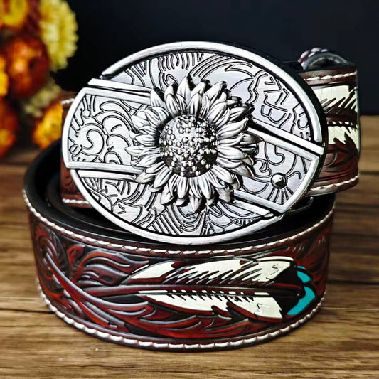 Feather Embossed Belt With a Sunflower Buckle