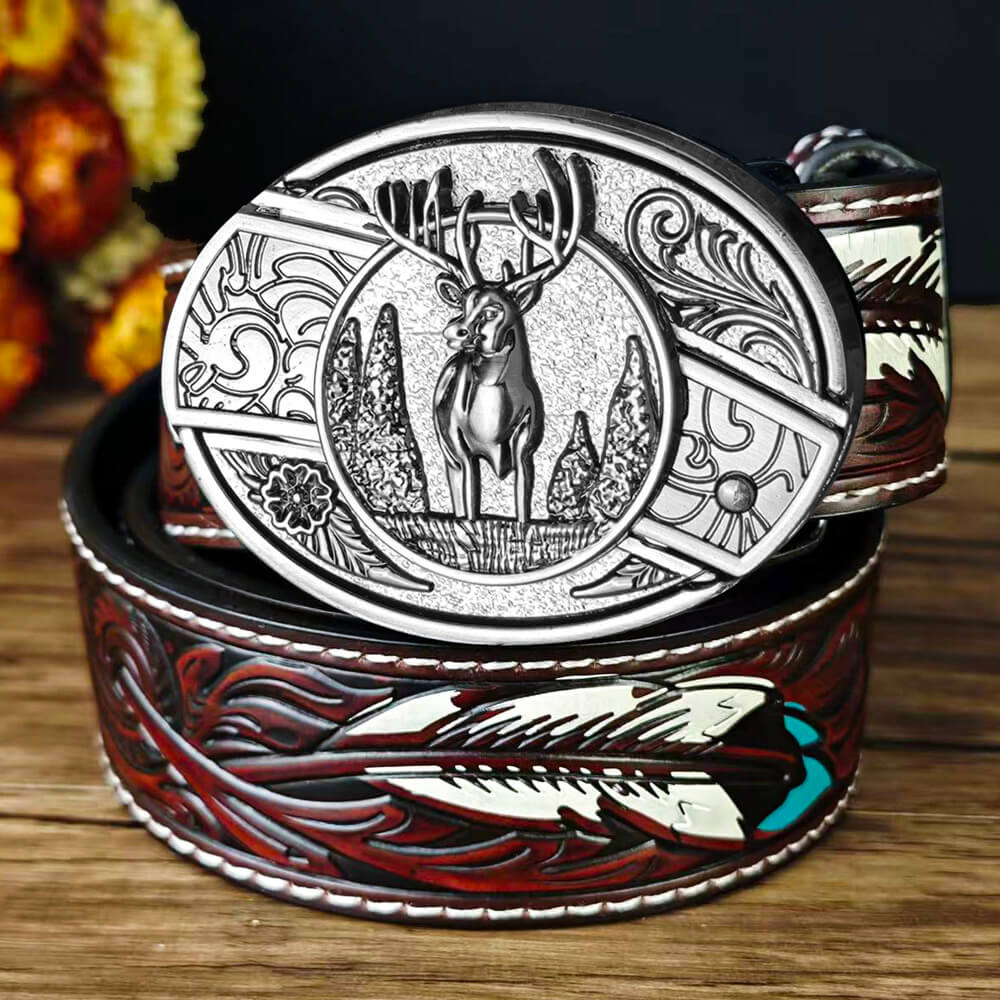 Western Feather Embossed EDC Belt with Multi-Function Buckle