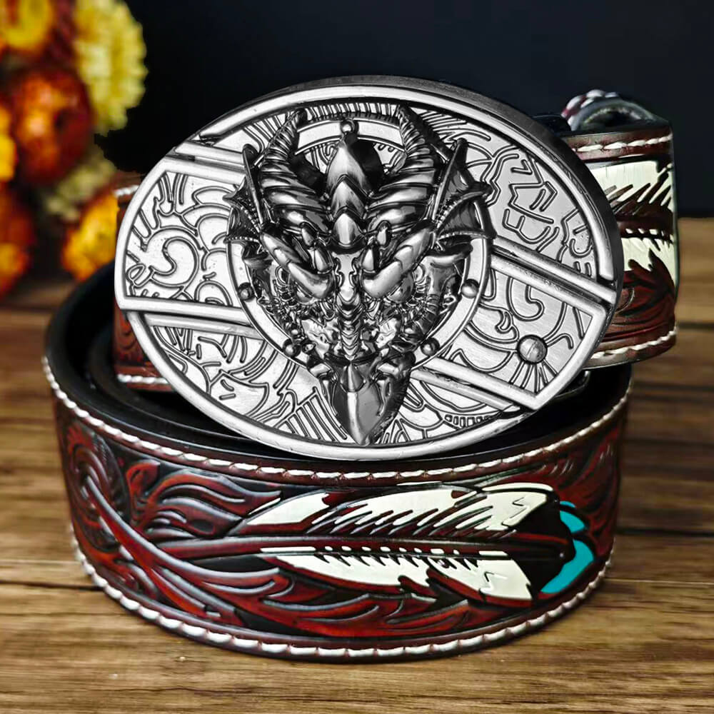 Western Feather Embossed EDC Belt with Multi-Function Buckle