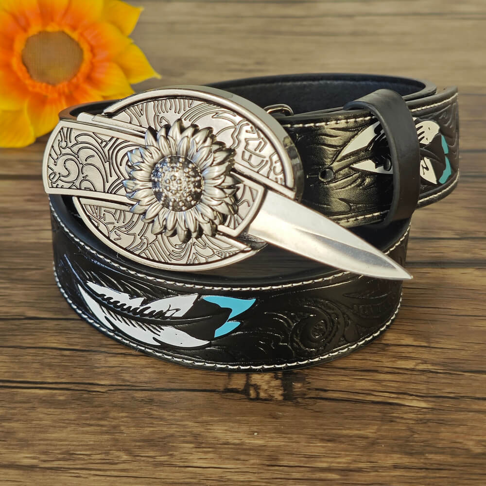 Feather Embossed Black Leather Belt