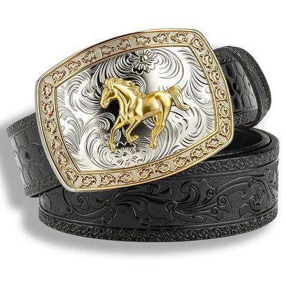 Two-Tone Galloping Horse Western Leather Belt