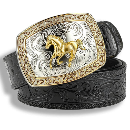 Two-Tone Galloping Horse Western Leather Belt