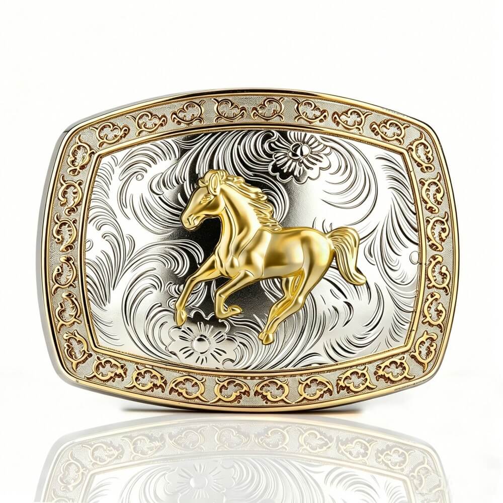 Two-Tone Golden Horse Western Floral Belt Buckle