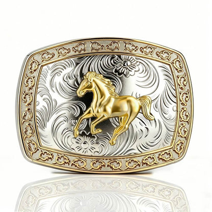 Two-Tone Golden Horse Western Floral Belt Buckle