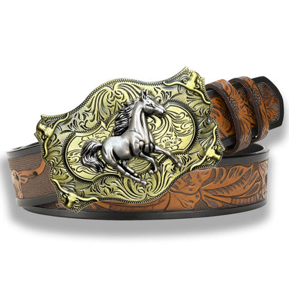 Galloping Horse Western Bull Embossed Leather Belt