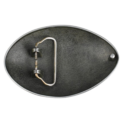 Back view of silver American football belt buckle showing clasp and loop attachment.